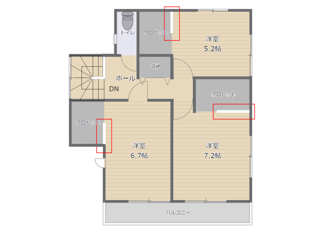 それぞれの部屋のWICの入り口を変える変更後