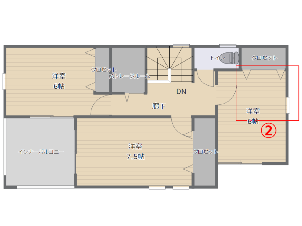窓の位置を少し変えるだけで使いやすくなる2階の東側洋室-⓶