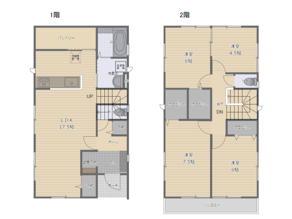 2階4部屋プランの間取り実例